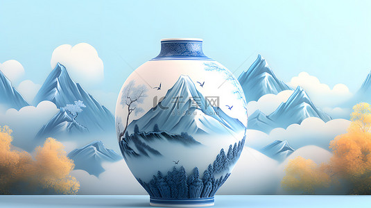中国风青花瓷瓷器山水背景