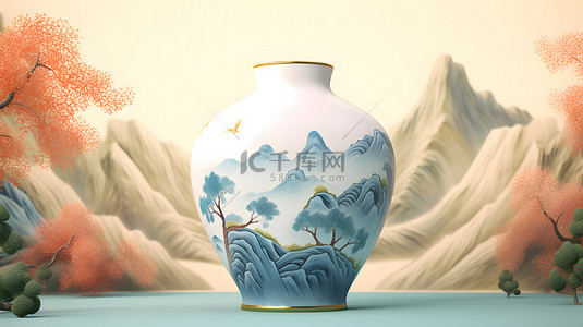 山水背景图片_中国风青花瓷瓷器山水背景