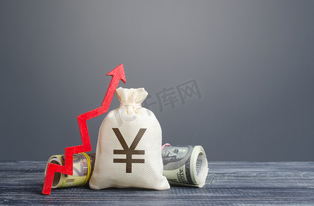 日元元钱袋子和向上的红色箭头。