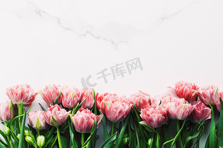 大理石背景上的春花作为节日礼物和花卉平板