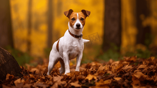 一只树叶摄影照片_一只棕色和白色相间的狗站在一片树叶覆盖的地面上