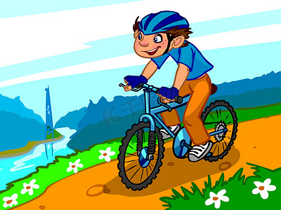 骑自行车的卡通男孩插画