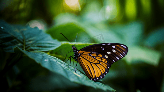 一只蝴蝶在树叶上的特写