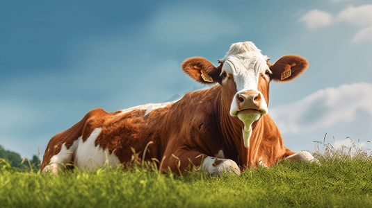 一头棕白相间的奶牛躺在郁郁葱葱的绿色田野上