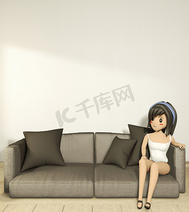 沙发扶手椅上的卡通女孩与室内日本 st