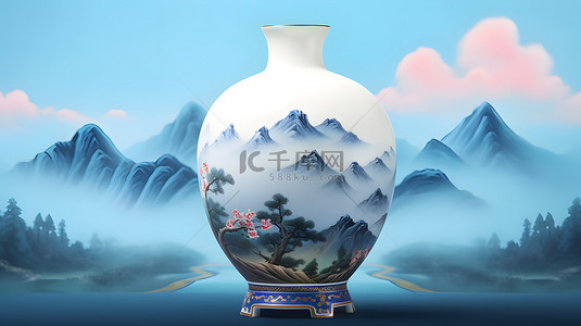 中国风青花瓷瓷器山水背景