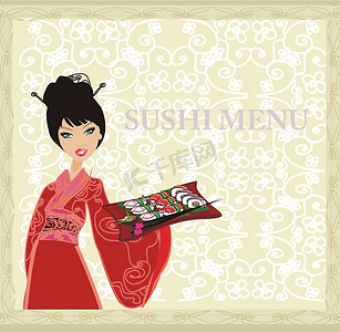 美丽的亚洲女孩享用寿司 — 菜单模板