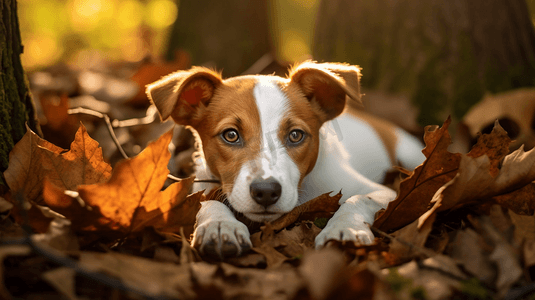 一只棕色和白色相间的狗躺在树叶上