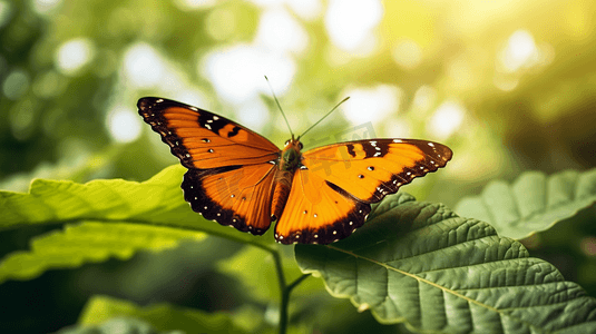 一只树叶摄影照片_一只蝴蝶在树叶上的特写