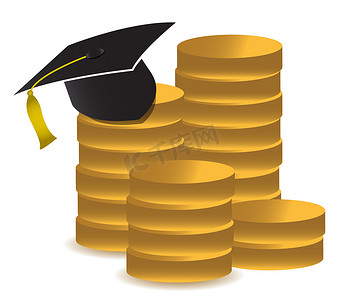 白色的毕业帽和金钱插画设计