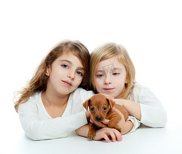 姐妹小孩女孩和小狗吉祥物迷你短毛猎犬