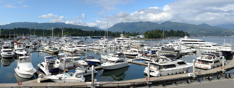不列颠哥伦比亚省温哥华斯坦利公园附近码头的豪华游艇。
