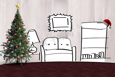 手绘圣诞树摄影照片_架子上圣诞树和帽子的合成图像