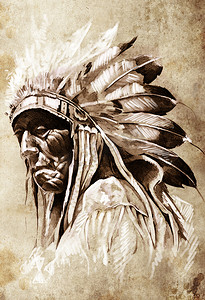 风格画摄影照片_“纹身艺术素描，印第安人头，酋长，复古风格”