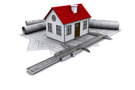 “建筑图纸、带红色屋顶和卡尺的家中模型的构成。3D 渲染”