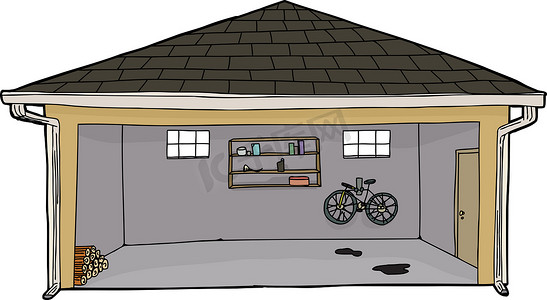 手绘自行车摄影照片_带原木堆的开放式车库