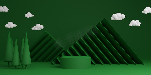 绿色最小抽象背景圆柱讲台几何形状，产品舞台。 