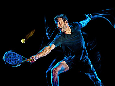 桨网球运动员男子光画孤立的黑色背景