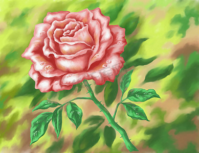 手绘红色玫瑰花瓣摄影照片_“花玫瑰，手绘”