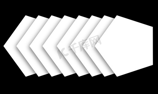 一系列五边形在黑色孤立背景中相互重叠，阴影柔和，分层图像准备打印卡片、邀请函、设计印刷品