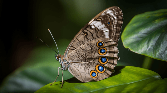 彩金蝴蝶摄影照片_栖息在树叶上的蓝色和棕色蝴蝶