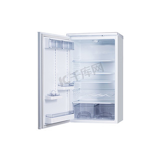 冷冻机摄影照片_打开单门冰箱隔离在白色
