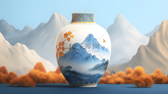 山水背景图片_中国风青花瓷瓷器山水背景