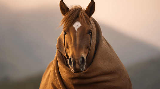 棕马摄影照片_一匹头上套着毯子的棕马