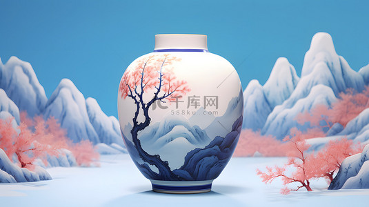 中国风青花瓷瓷器山水背景