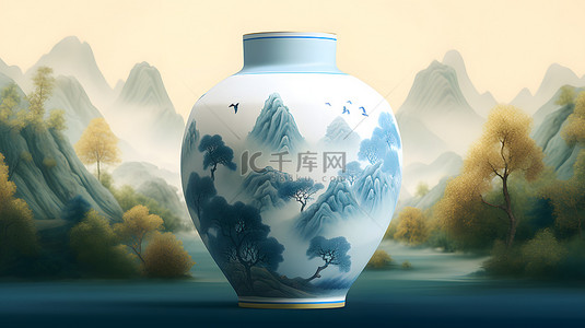 中国风青花瓷瓷器山水背景