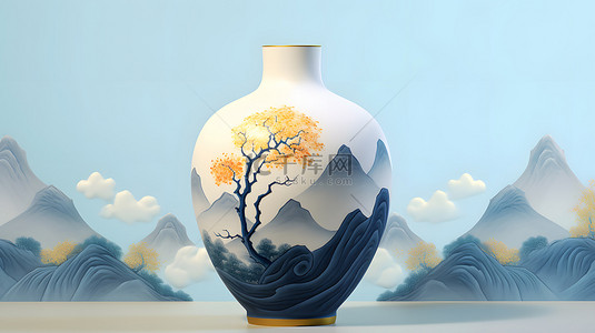 山水背景图片_中国风青花瓷瓷器山水背景