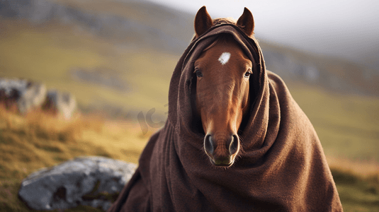 一匹头上套着毯子的棕马