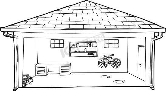 带自行车和工作台的概述车库