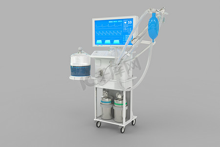 ICU 人工肺呼吸机，在灰色背景下采用虚构设计-治愈冠状病毒概念，医学 3D 插图