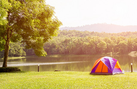 在森林露营地露营的圆顶帐篷