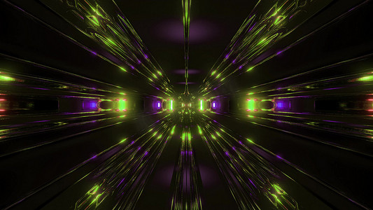 黑暗的科幻隧道走廊与反光线框 3d 插图壁纸背景