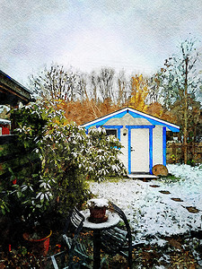 冬天水彩摄影照片_斯堪的纳维亚北部降雪后蓝白小木屋的数字水彩风格