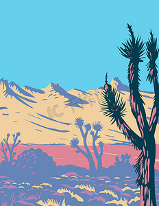 海报城堡摄影照片_Castle Mountains Range 和 Joshua Tree in Mojave Desert Within Castle Mountains National Monument Located in California WPA 海报艺术