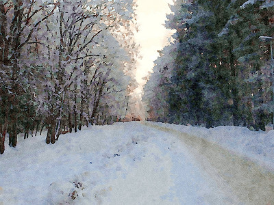 斯堪的纳维亚北部冬季林中雪道的数字水彩风格