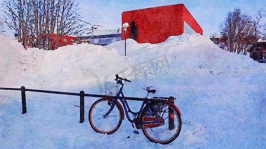 斯堪的纳维亚北部冬季停放的自行车的数字水彩风格