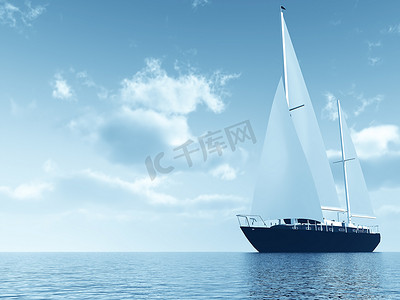 航行在多云蓝天的背景的海洋的帆船