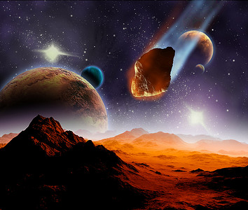 小行星对宇宙中行星的攻击。