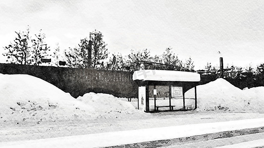 黑白水彩背景摄影照片_斯堪的纳维亚北部冬季巴士站的黑白水彩风格