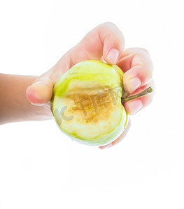 小孩的手拿着一个未成熟的绿色苹果朝白色