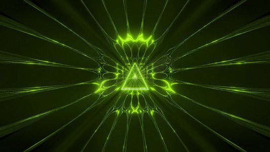 绿色发光幻想三角形线框设计与反光背景墙纸 3d 插图