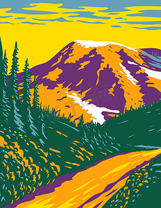 雷尼尔山国家公园 (Mount Rainier National Park) 位于华盛顿州皮尔斯县和刘易斯县的瀑布中一座活跃的成层火山 WPA 海报艺术