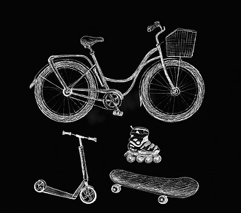手绘自行车摄影照片_“一组运动运输对象：自行车、踏板车、滚筒和滑板。在黑色背景上隔离的草图。手绘插图。”
