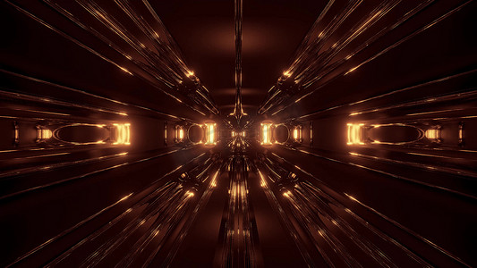黑暗的科幻隧道走廊与反光线框 3d 插图壁纸背景