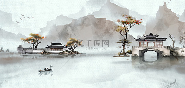 水墨山背景图片_中国风古典建筑水墨古风背景