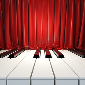 钢琴键和红色窗帘。